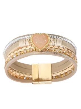 Golden Beige Leather Multi Layer Heart Druzy Crystal Beaded Magnetic Bracelet